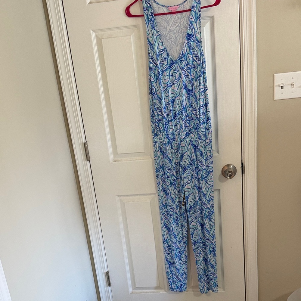 Lilly Pulitzer Blue and White Leaf Print Jumpsuit